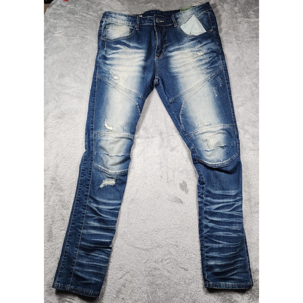 Smoke Rise Jeans‎ Mens 38x34 Blue Slim Tapered Distressed Stretch Moto Denim